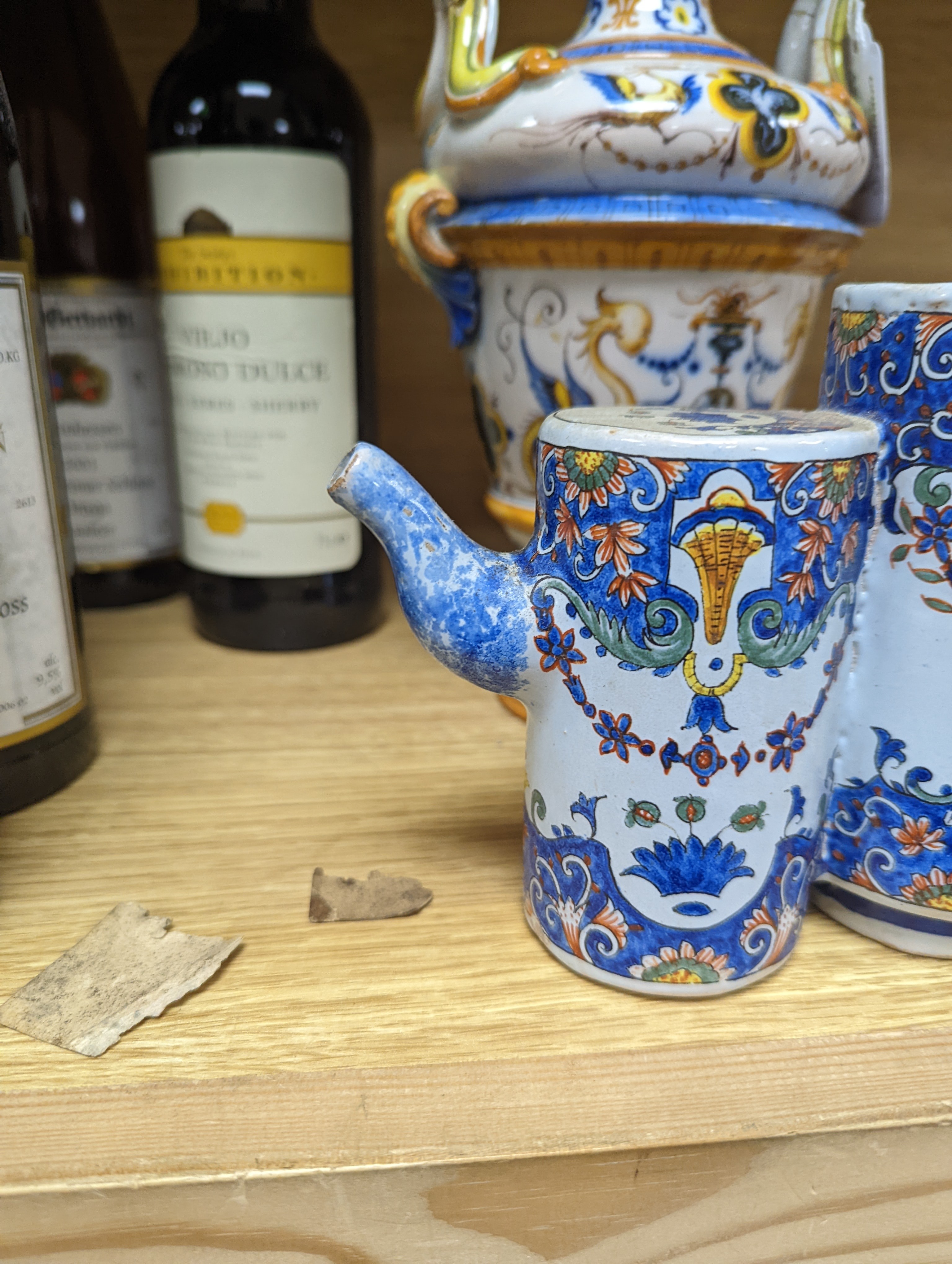 A Ginori maiolica two handled vase and Delft polychrome double cylinder teapot 27cm
